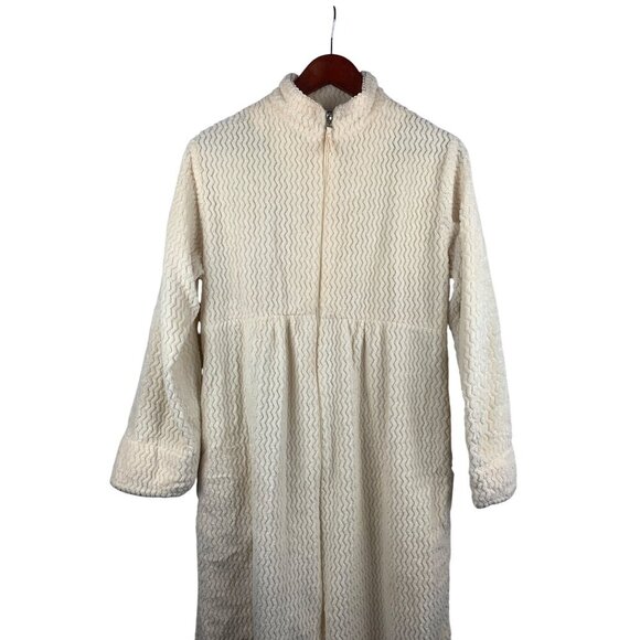 Stan Herman XS Cream Full Zip Long Robe With Textured Pattern - Picture 6 of 7